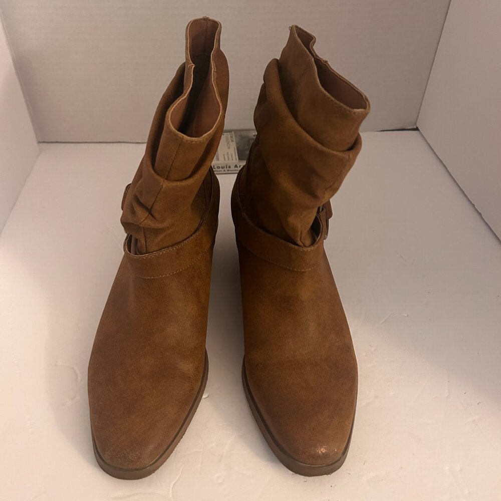 👢 Yellow Box Brown Suede-Look Ankle Boots – Size 7.5 – Slouch Buckle Booties